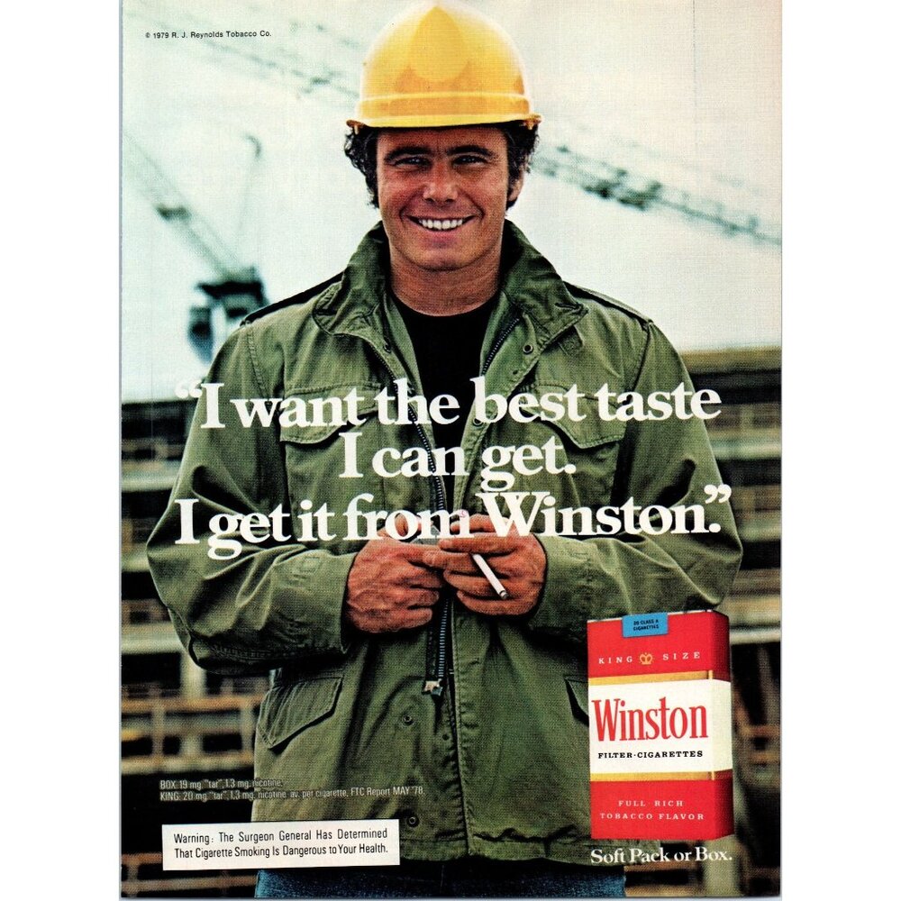 1979 Winston Cigarettes Construction Site Worker Hard Hat Vintage Print Ad Art
